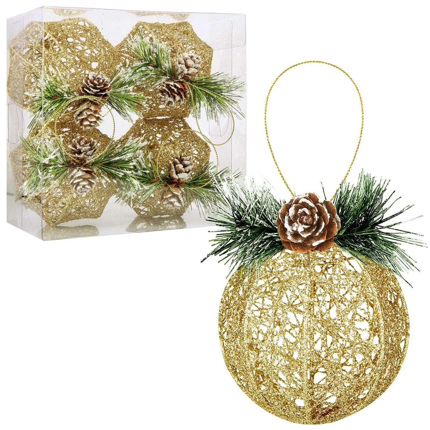 Christmas Ball Ornaments 4pc Set Champagne Pinecone Rattan String Decor