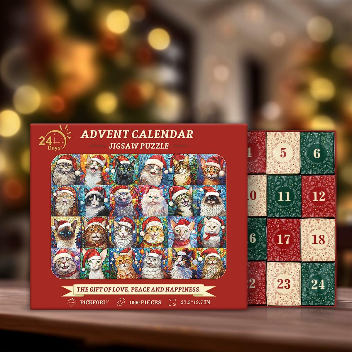 PICKFORU Cat Mosaic Stained Glass Christmas Puzzle Calendar 2024 1000pcs