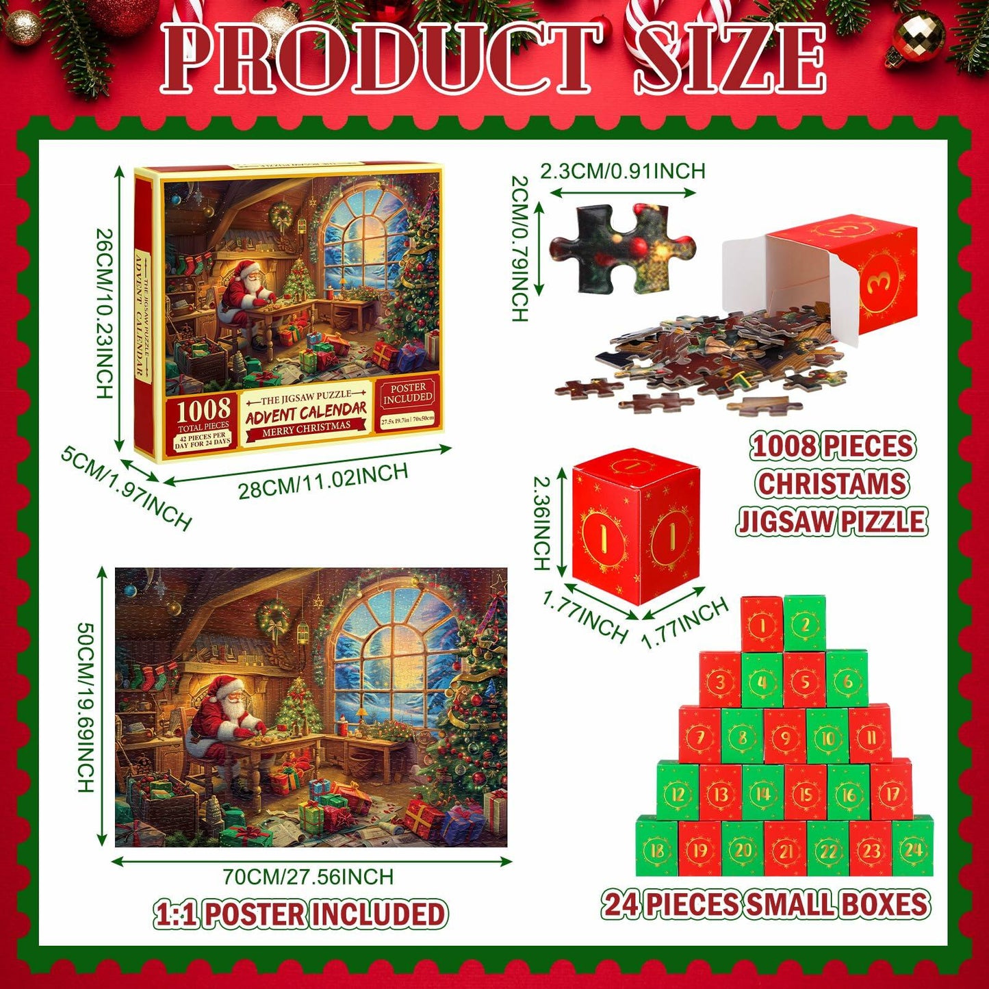 Simgoing 1008pcs Christmas Advent Calendar Puzzle 19.69x27.56 Santa Claus