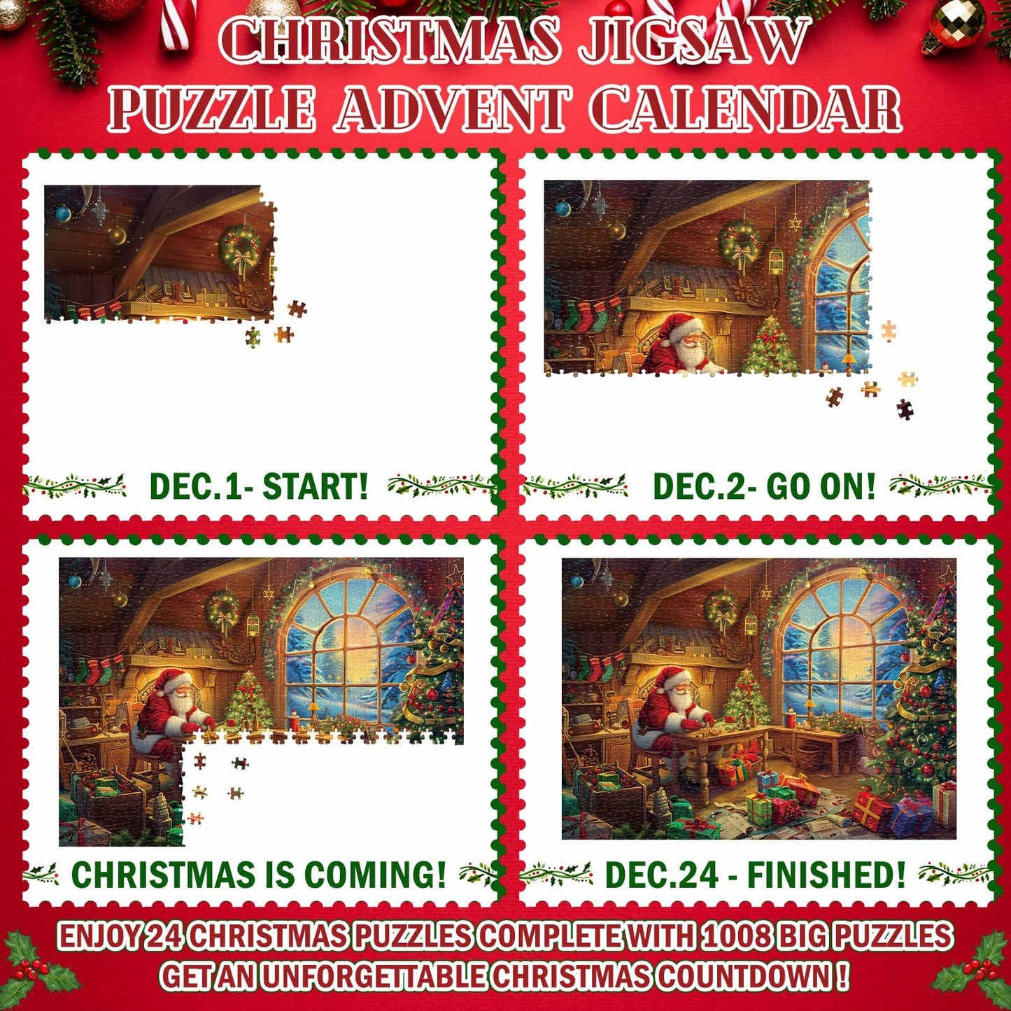 Simgoing 1008pcs Christmas Advent Calendar Puzzle 19.69x27.56 Santa Claus