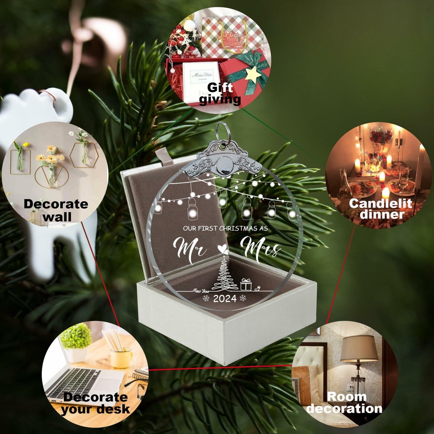 Unique 2024 Crystal Glass Wedding Ornament Mr and Mrs Gift for Couples