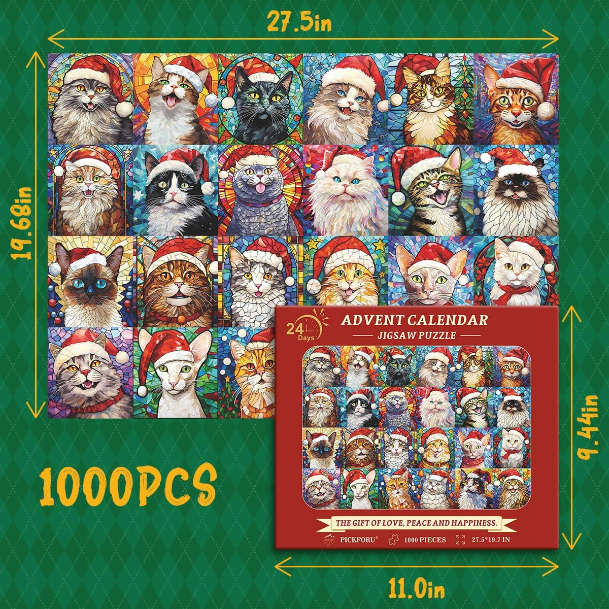 PICKFORU Cat Mosaic Stained Glass Christmas Puzzle Calendar 2024 1000pcs