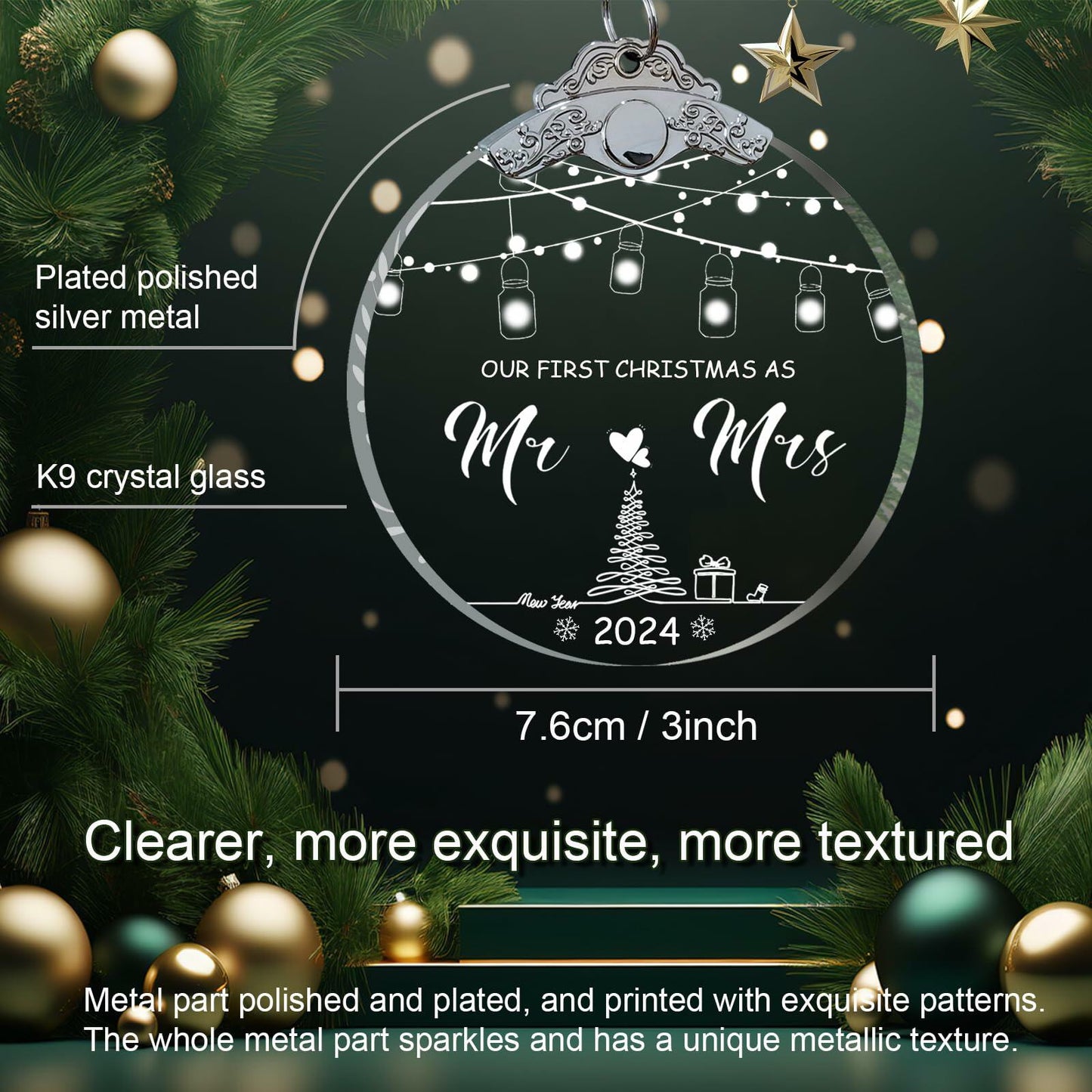 Unique 2024 Crystal Glass Wedding Ornament Mr and Mrs Gift for Couples