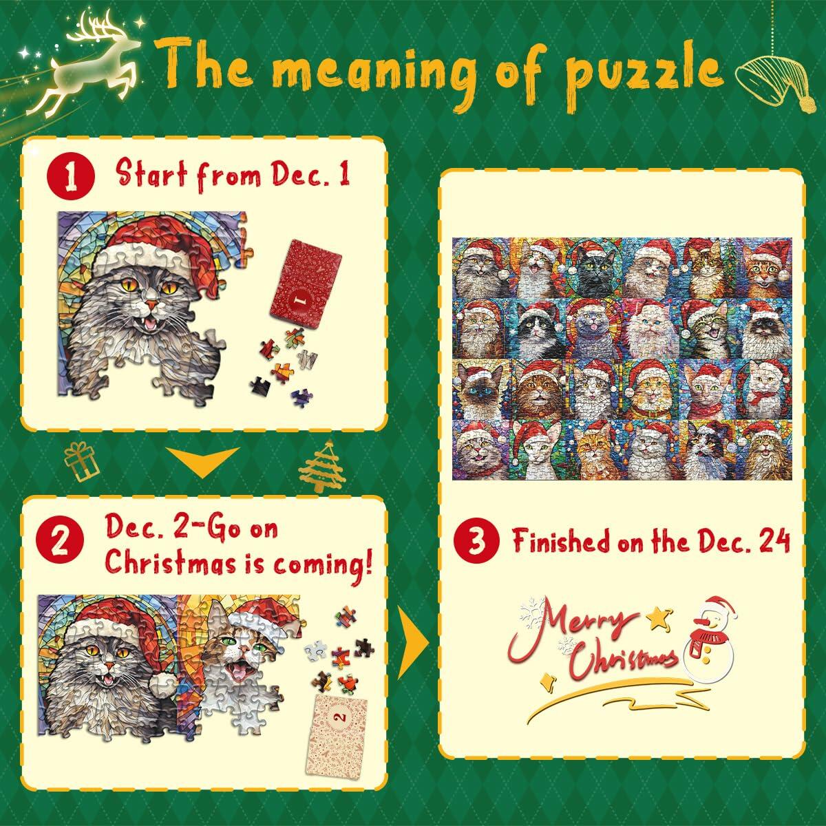PICKFORU Cat Mosaic Stained Glass Christmas Puzzle Calendar 2024 1000pcs