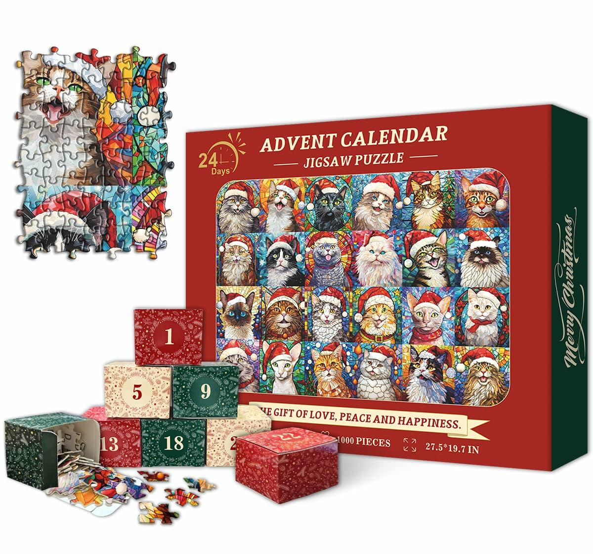 PICKFORU Cat Mosaic Stained Glass Christmas Puzzle Calendar 2024 1000pcs