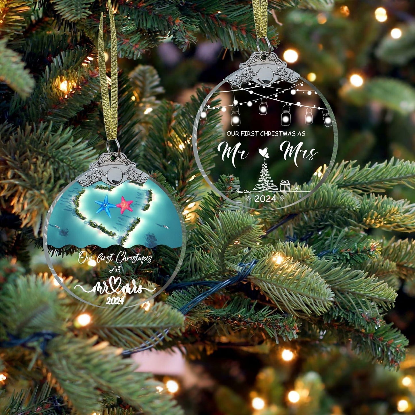 Unique 2024 Crystal Glass Wedding Ornament Mr and Mrs Gift for Couples