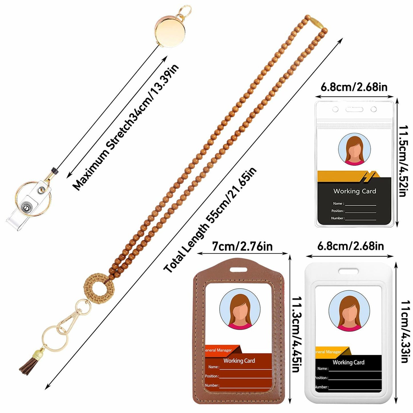 Wood Beaded Lanyards Set Boho Teacher ID Badge Holder Clip White Brown Large