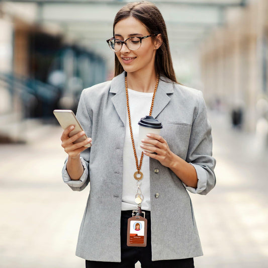 Wood Beaded Lanyards Set Boho Teacher ID Badge Holder Clip White Brown Large