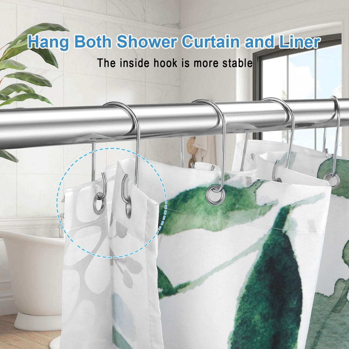 TENOVEL Stainless Steel Double Shower Curtain Hooks Rings 24 Pack Rust Proof