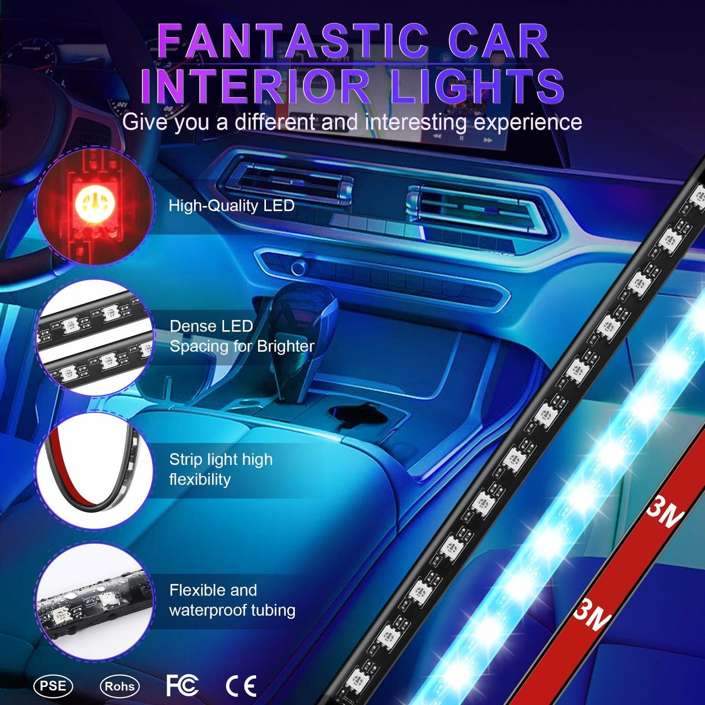 LivTee Accent Interior Car Lights RGB LED App Control Music DIY 2 Lines
