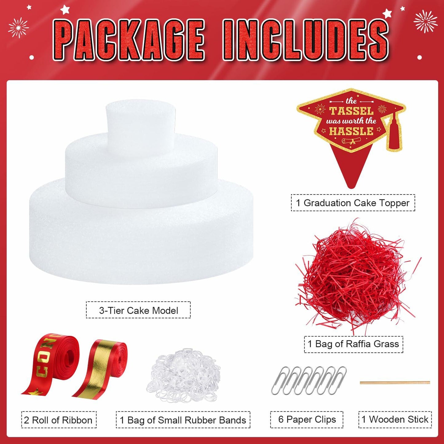 2025 Graduation 3 Tier Red Gold Grad Cap Cake Cash Gift Party Supplies