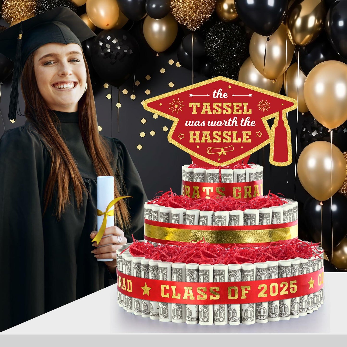2025 Graduation 3 Tier Red Gold Grad Cap Cake Cash Gift Party Supplies