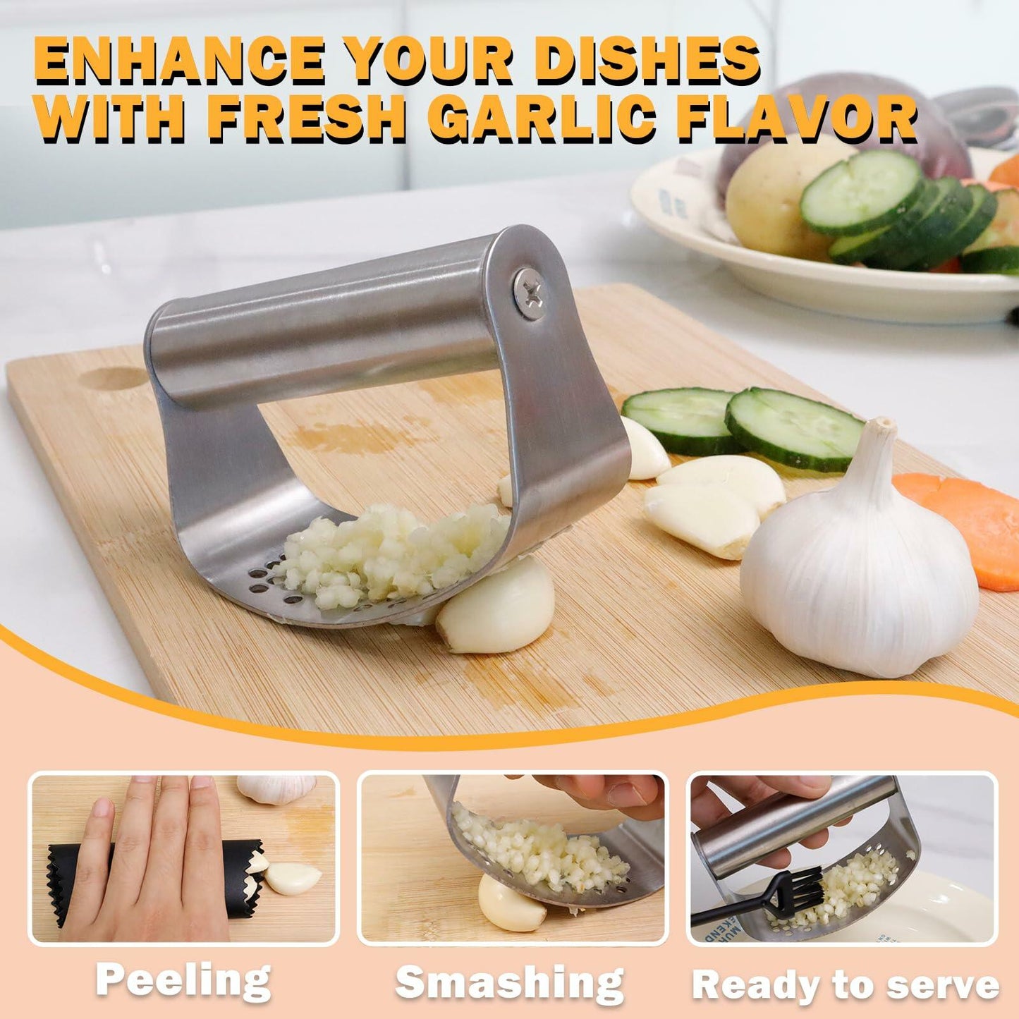 FATUXZ 3-Piece Stainless Steel Garlic Press Set with Silicone Peeler