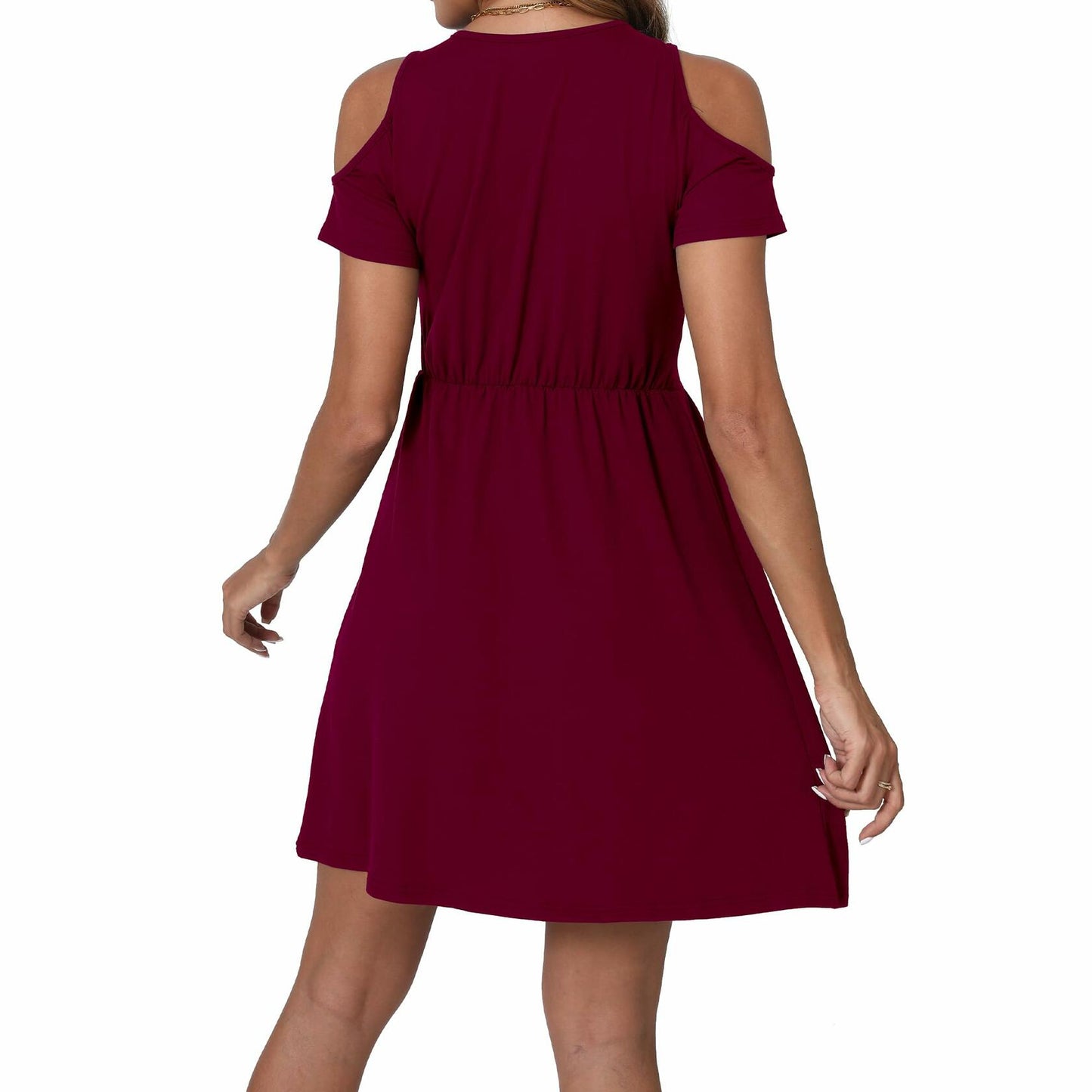 Women's Cold Shoulder Dress Deep V-Neck Knotted Sundress Wine Red