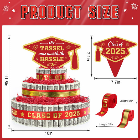 2025 Graduation 3 Tier Red Gold Grad Cap Cake Cash Gift Party Supplies