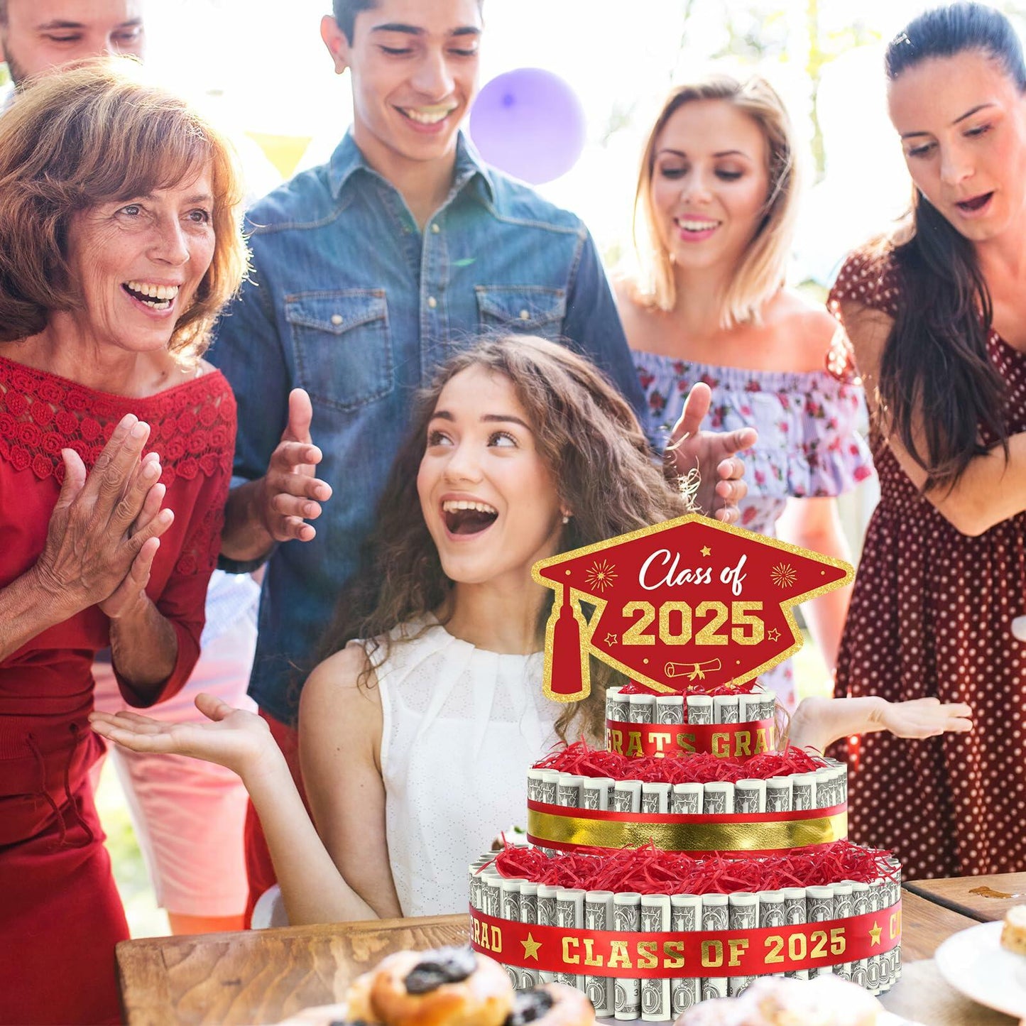 2025 Graduation 3 Tier Red Gold Grad Cap Cake Cash Gift Party Supplies