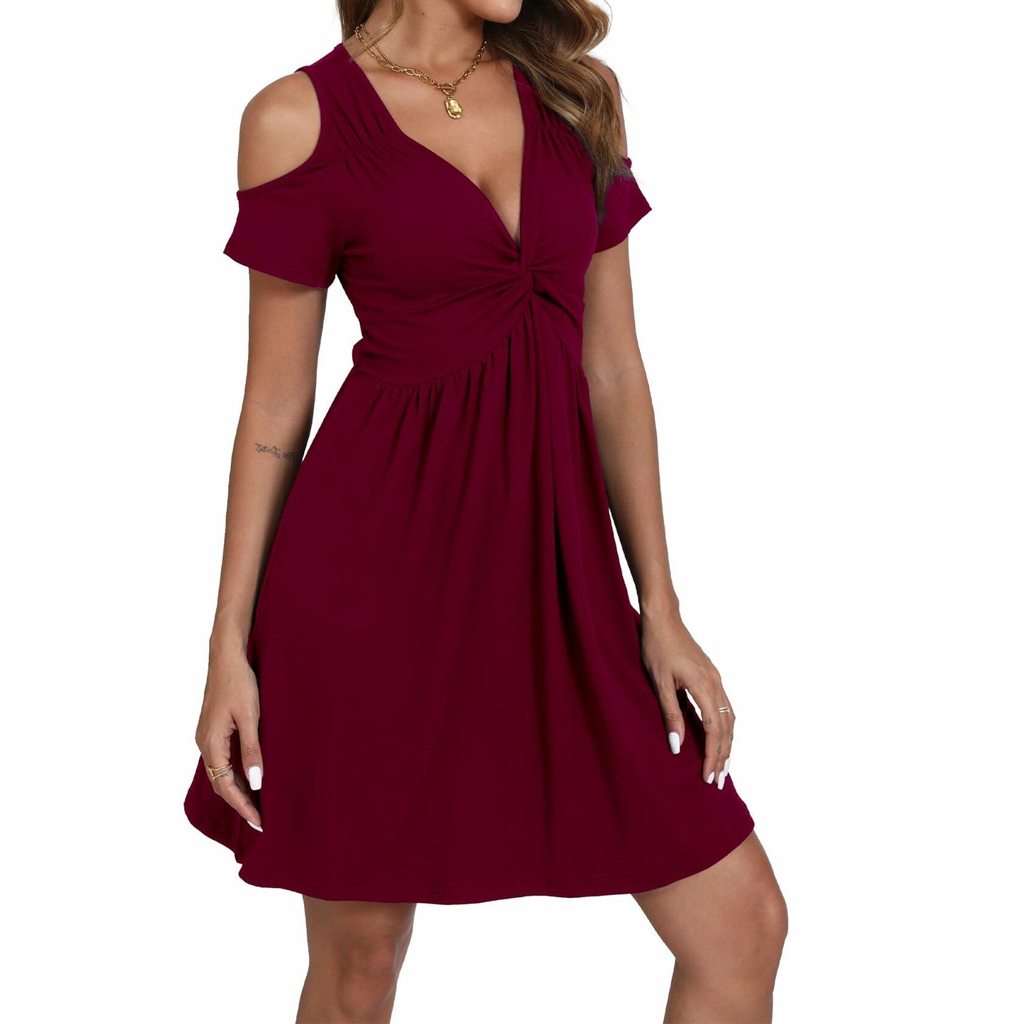 Women's Cold Shoulder Dress Deep V-Neck Knotted Sundress Wine Red