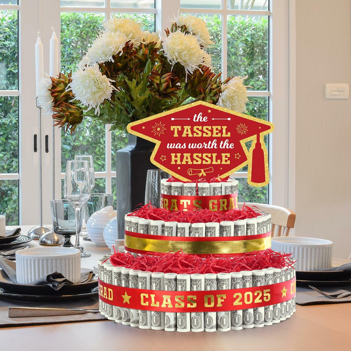 2025 Graduation 3 Tier Red Gold Grad Cap Cake Cash Gift Party Supplies