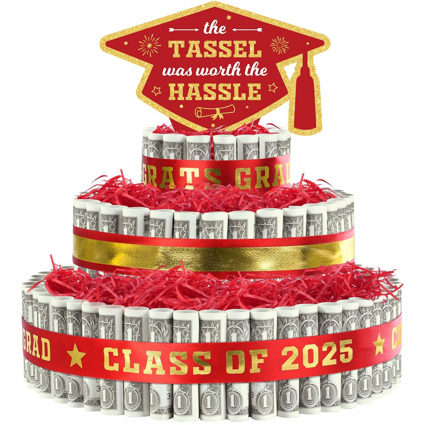 2025 Graduation 3 Tier Red Gold Grad Cap Cake Cash Gift Party Supplies