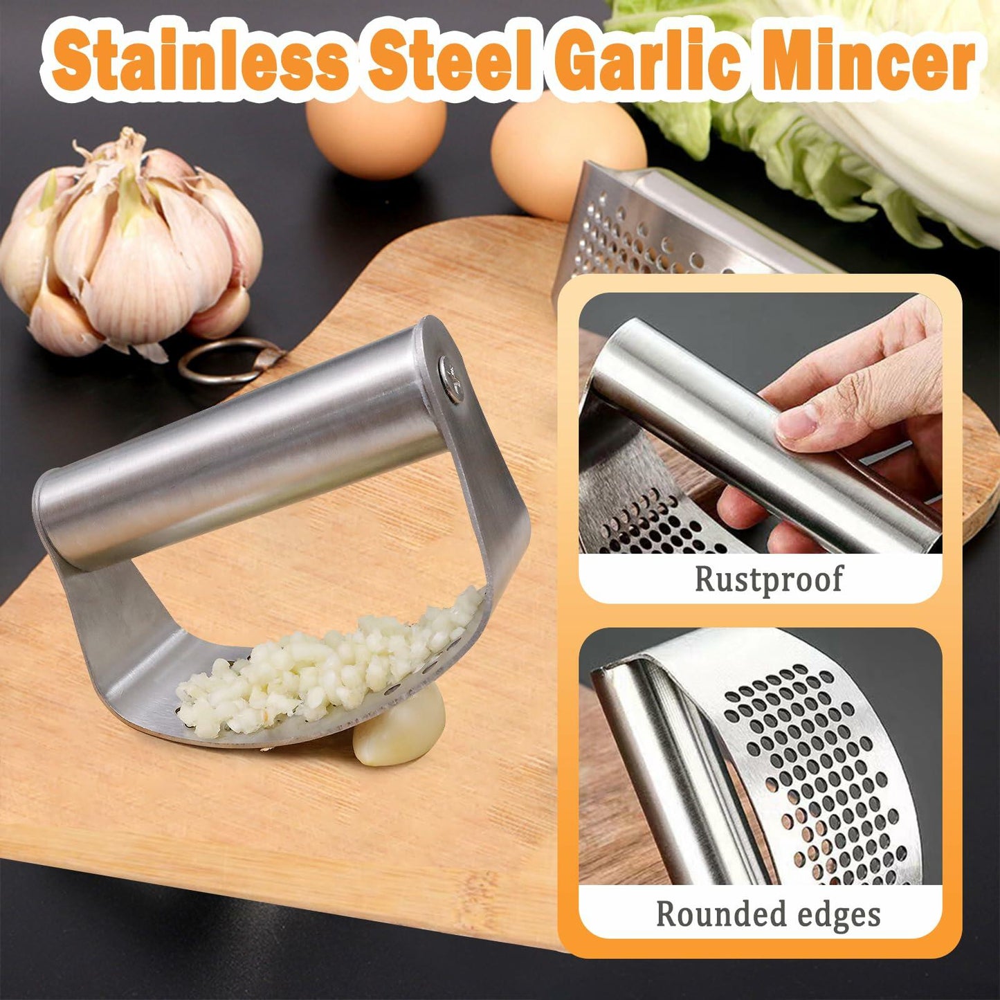 FATUXZ 3-Piece Stainless Steel Garlic Press Set with Silicone Peeler