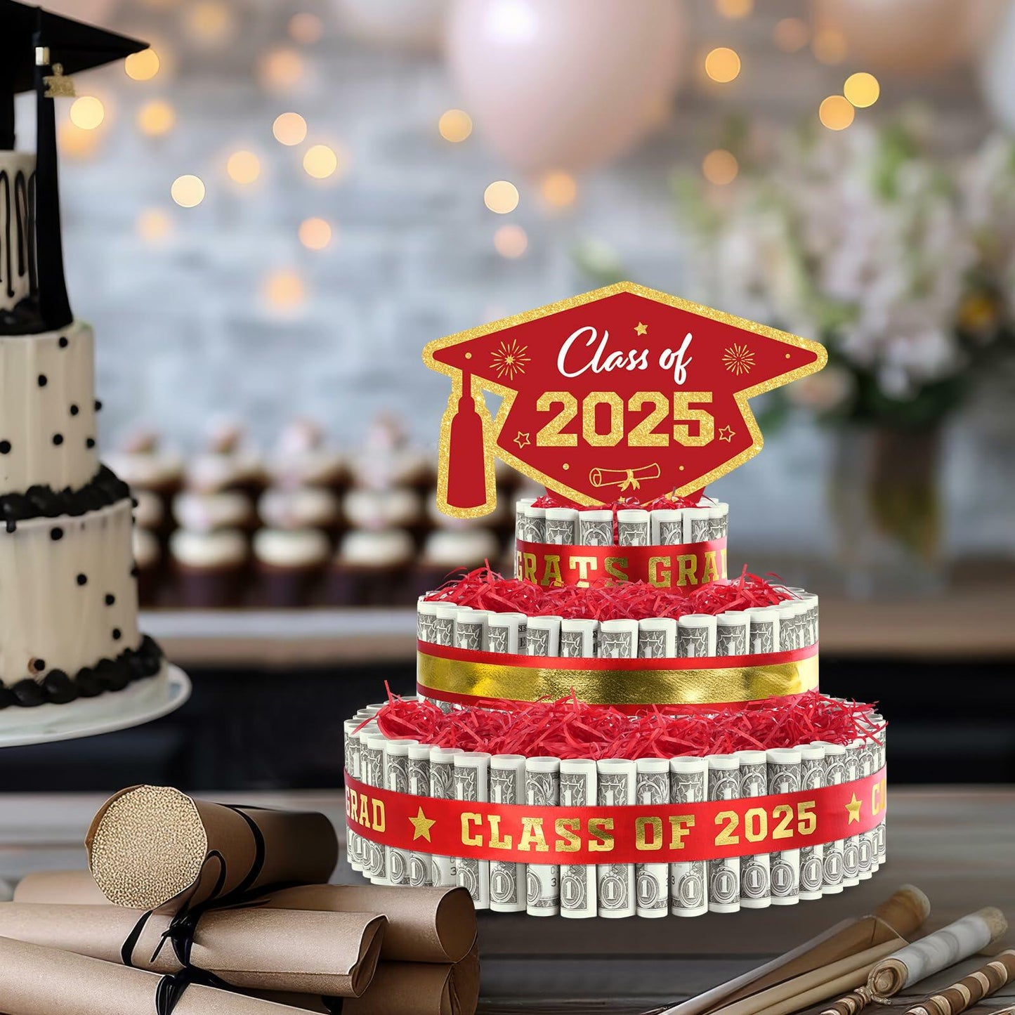 2025 Graduation 3 Tier Red Gold Grad Cap Cake Cash Gift Party Supplies