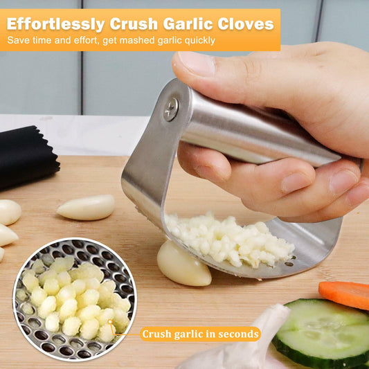 FATUXZ 3-Piece Stainless Steel Garlic Press Set with Silicone Peeler