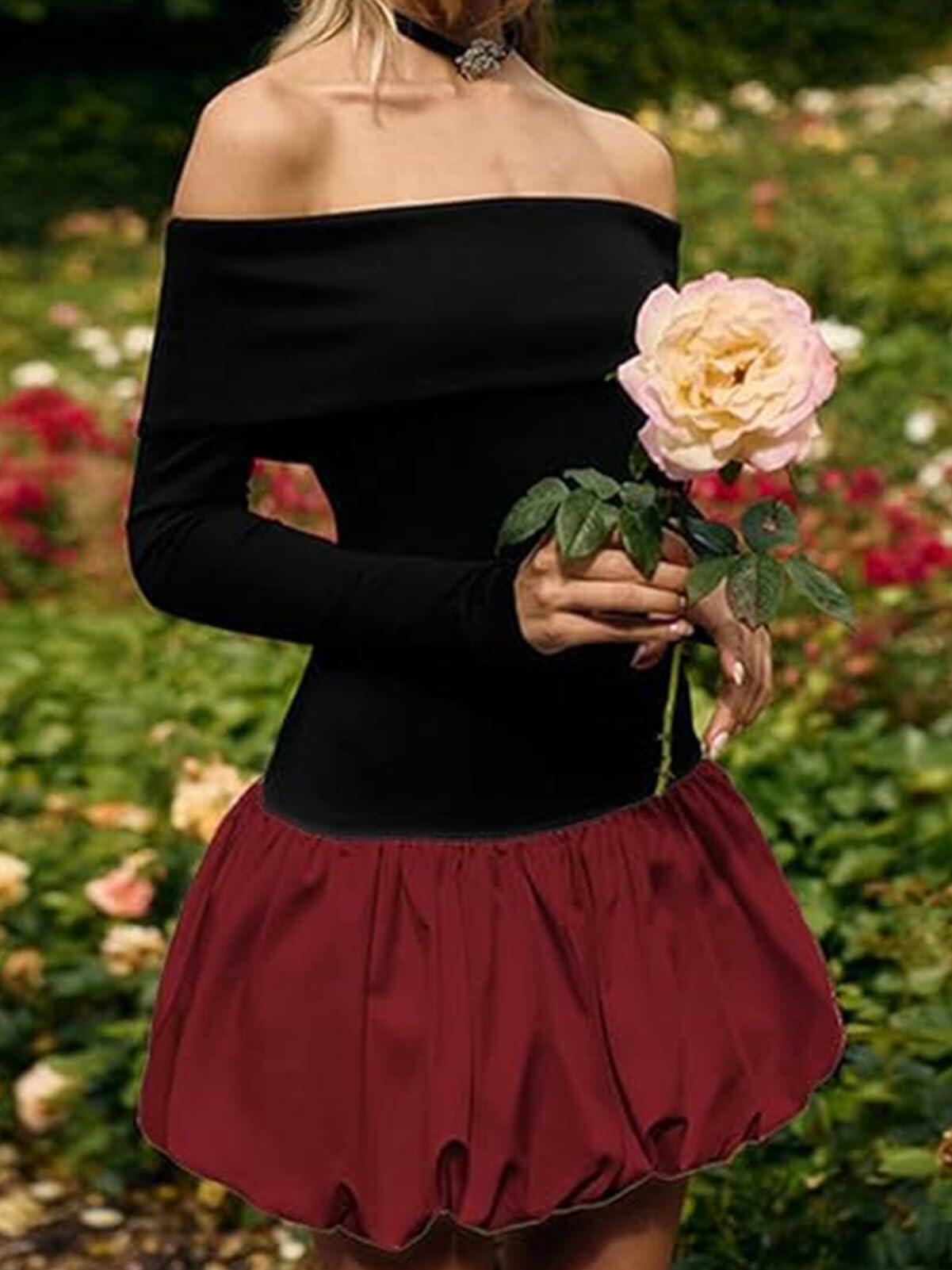 GEMEIQ Women's Sexy Off Shoulder Long Sleeve Party Mini Dress Wine Red Size M