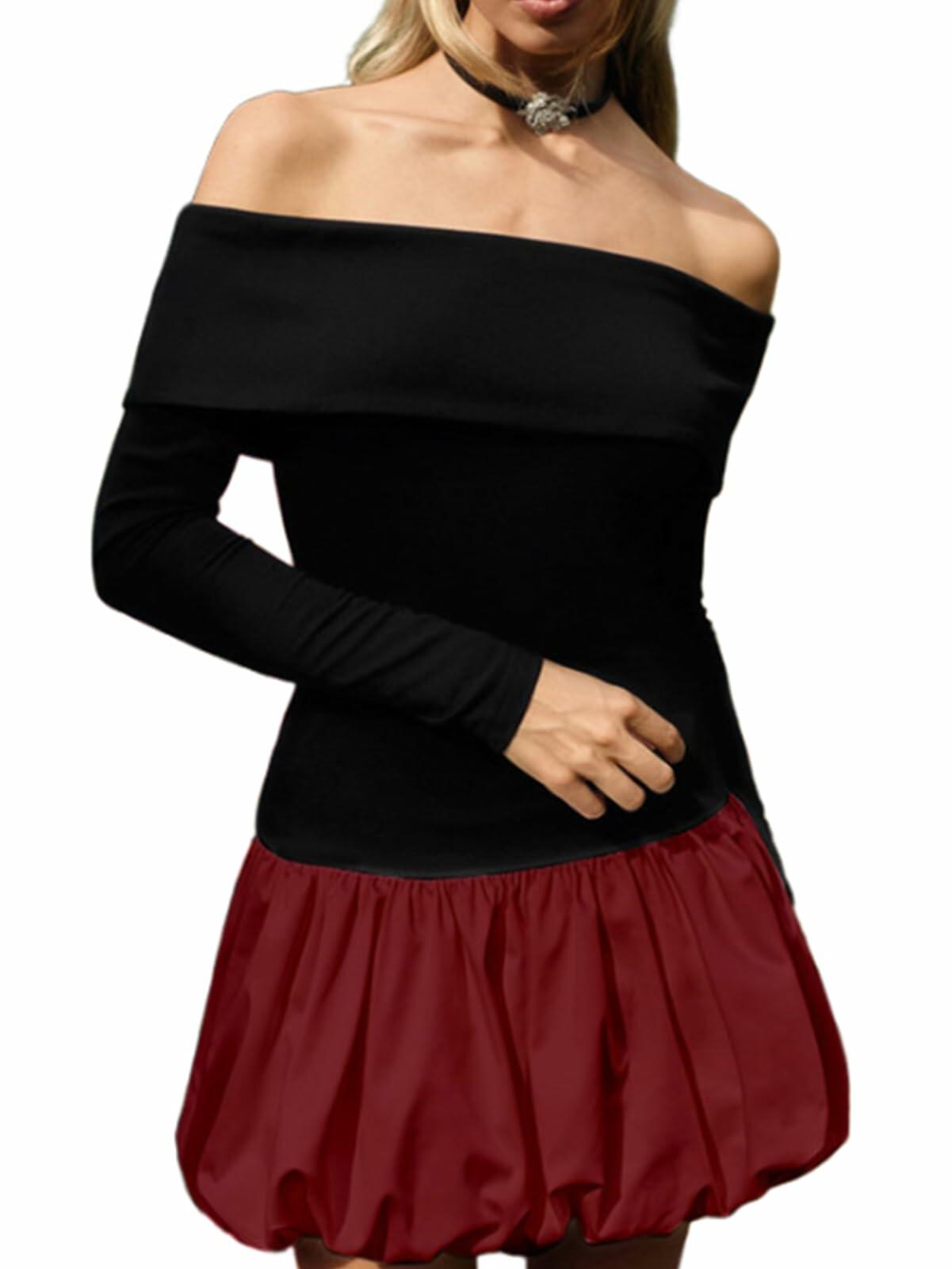 GEMEIQ Women's Sexy Off Shoulder Long Sleeve Party Mini Dress Wine Red Size M