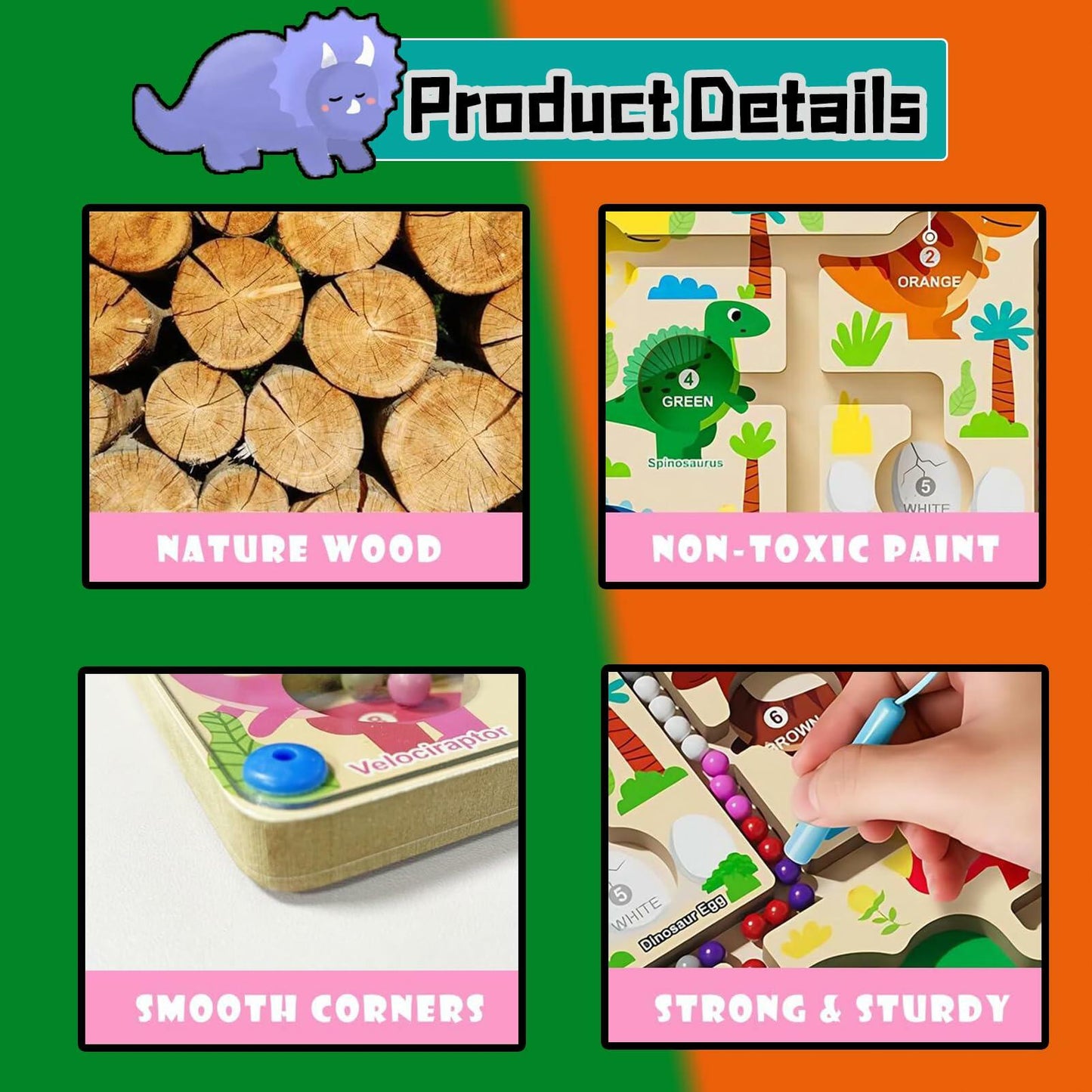 IOOZ Magnetic Color & Number Maze Montessori Wooden Dinosaur Puzzle Toy