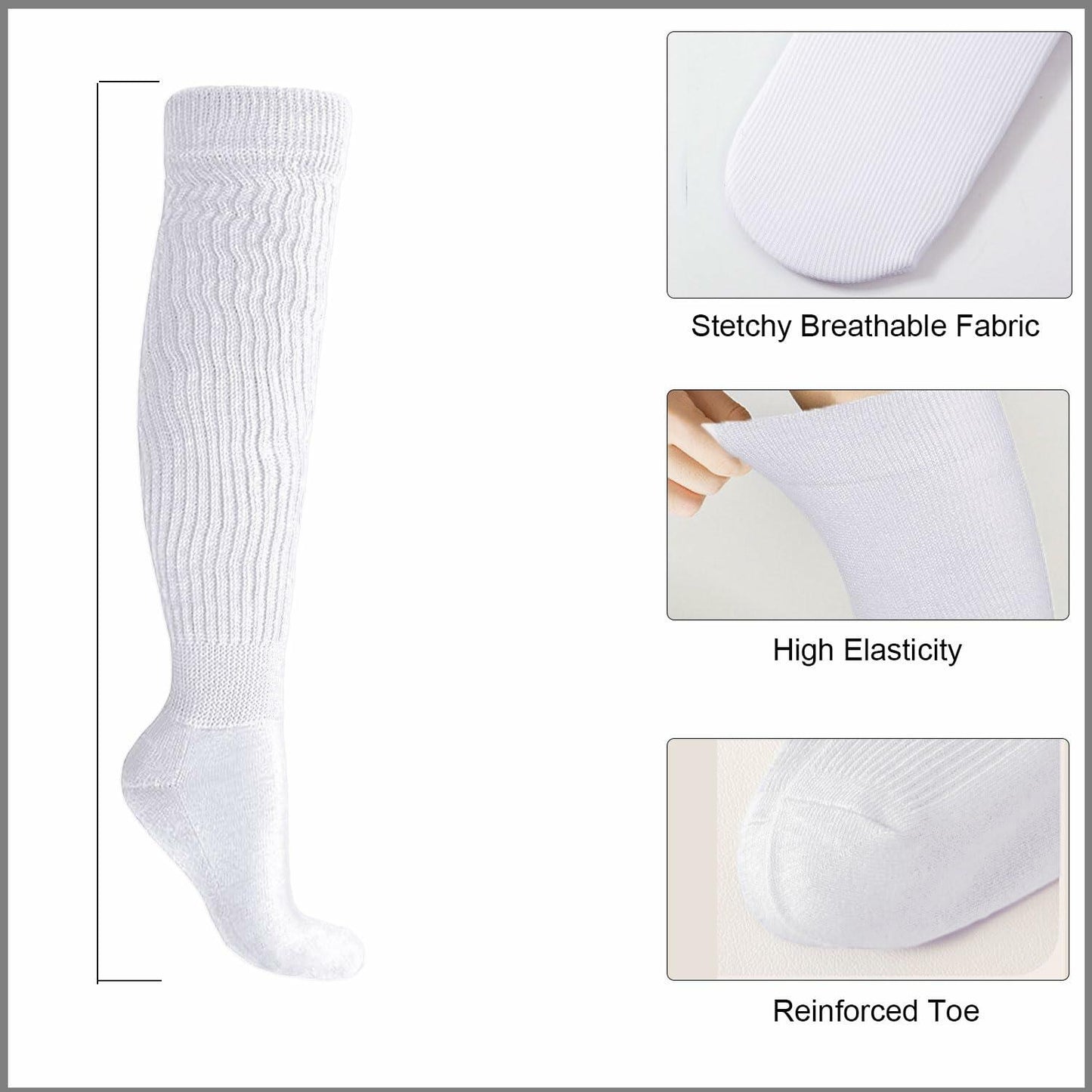 EASYLONGJEE Women Slouch Socks Knee High White 3 Pairs Size 6-11