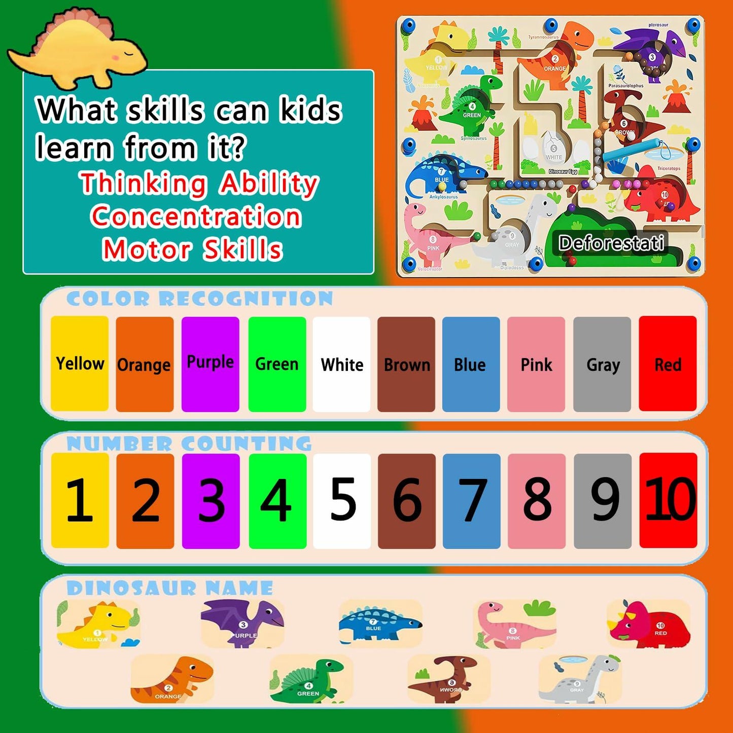 IOOZ Magnetic Color & Number Maze Montessori Wooden Dinosaur Puzzle Toy