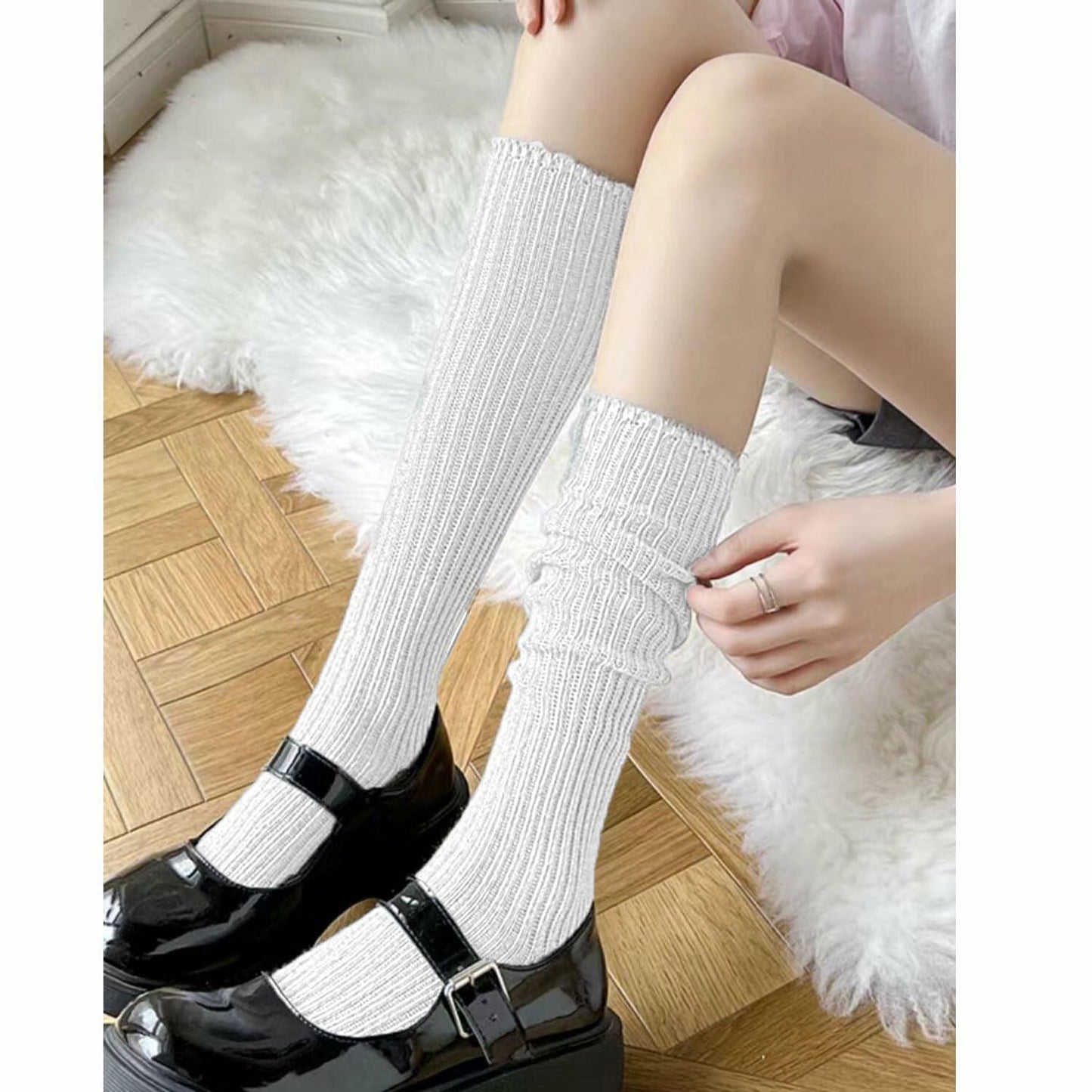 EASYLONGJEE Women Slouch Socks Knee High White 3 Pairs Size 6-11
