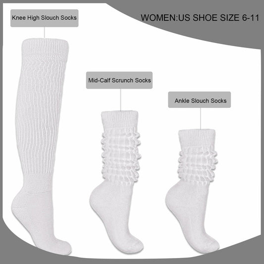 EASYLONGJEE Women Slouch Socks Knee High White 3 Pairs Size 6-11