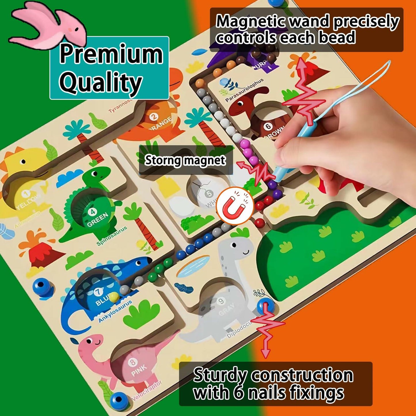 IOOZ Magnetic Color & Number Maze Montessori Wooden Dinosaur Puzzle Toy