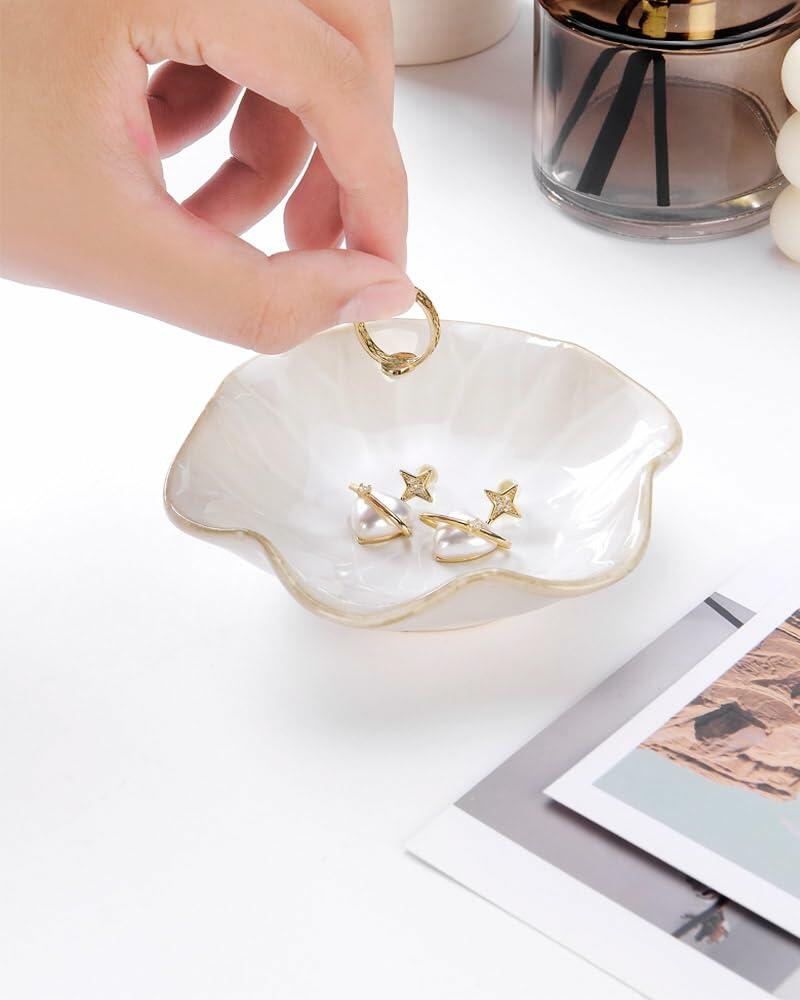 2PCS Lotus Leaf Ring Holder Dish Ceramic Trinket Tray White Light Green