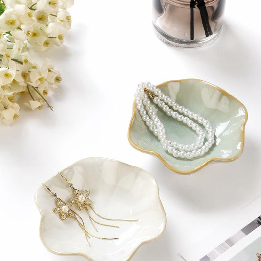 2PCS Lotus Leaf Ring Holder Dish Ceramic Trinket Tray White Light Green