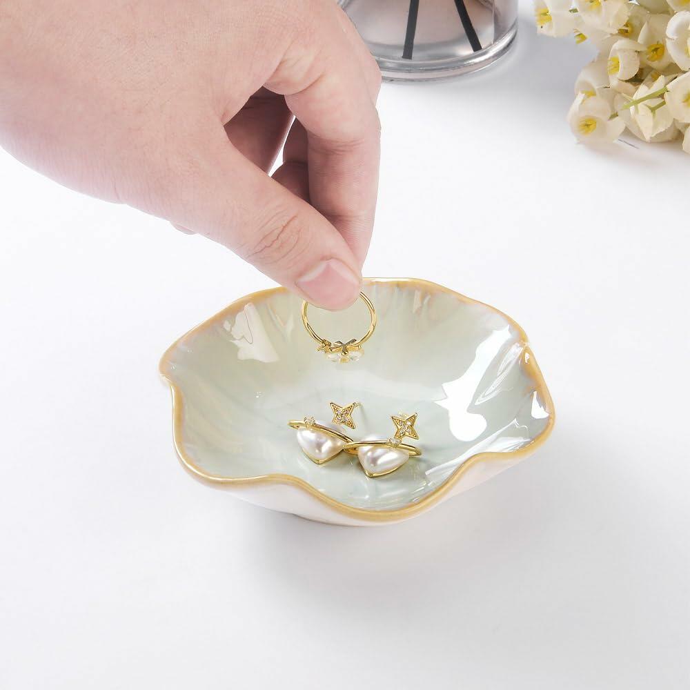 2PCS Lotus Leaf Ring Holder Dish Ceramic Trinket Tray White Light Green