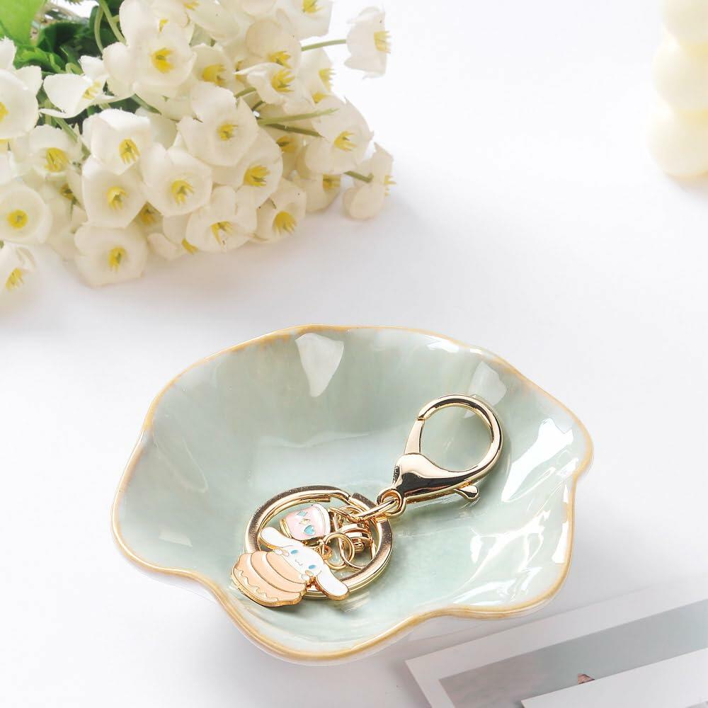 2PCS Lotus Leaf Ring Holder Dish Ceramic Trinket Tray White Light Green