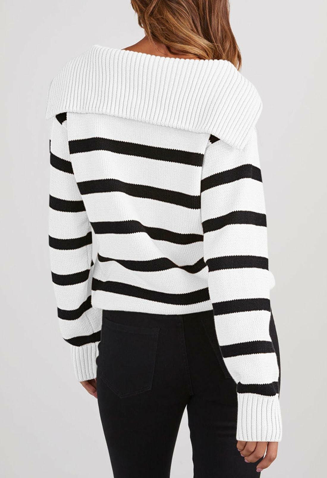 Pink Queen Autumn Striped Knitted Sweater White Stripe Pullover Size L