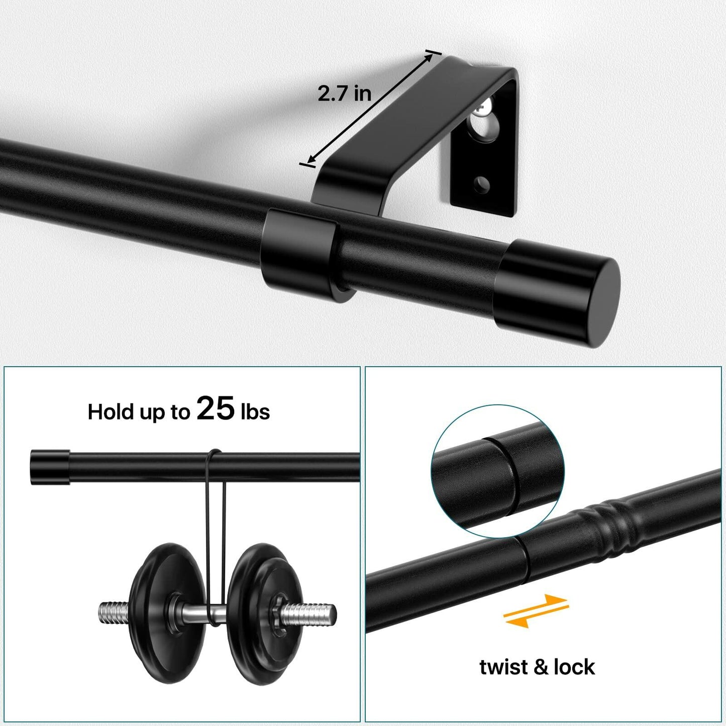 Curtain Rods 28-48in 5/8" Metal Adjustable 2 Pack Black with Brackets