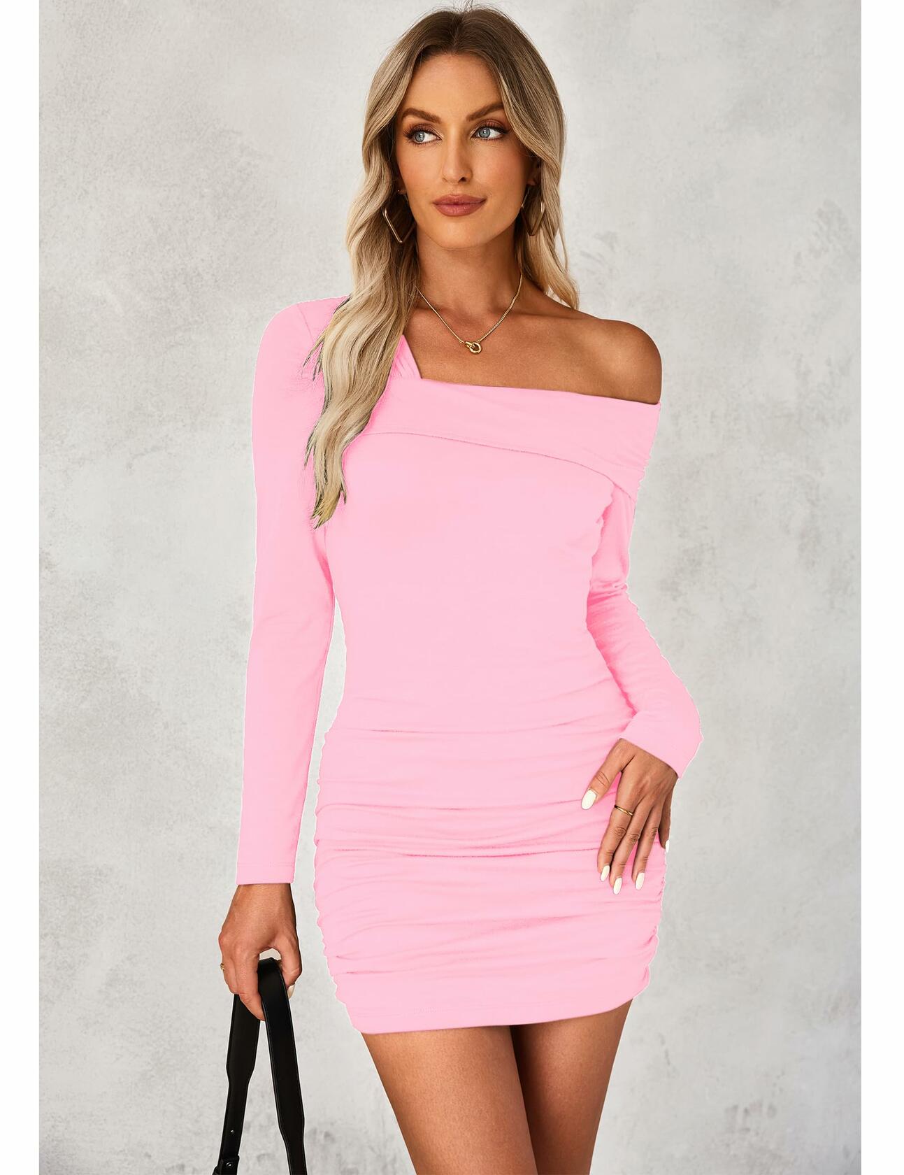 luvamia Womens One Shoulder Ruched Bodycon Dress Pink XL Size 16-18