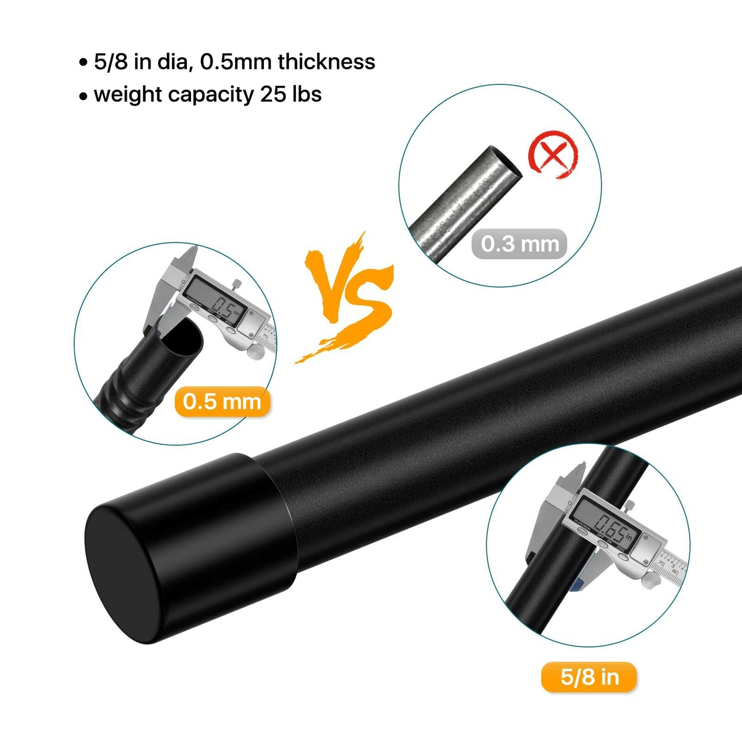 Curtain Rods 28-48in 5/8" Metal Adjustable 2 Pack Black with Brackets