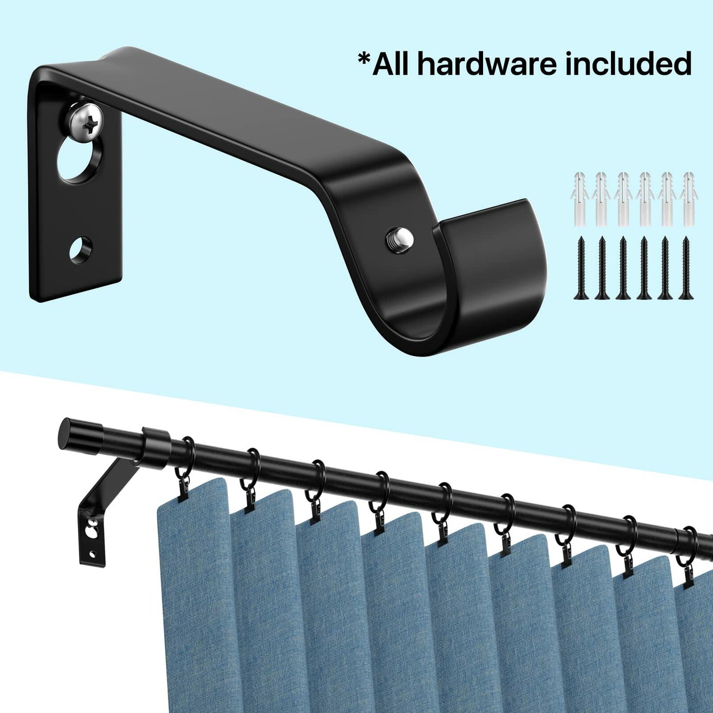 Curtain Rods 28-48in 5/8" Metal Adjustable 2 Pack Black with Brackets