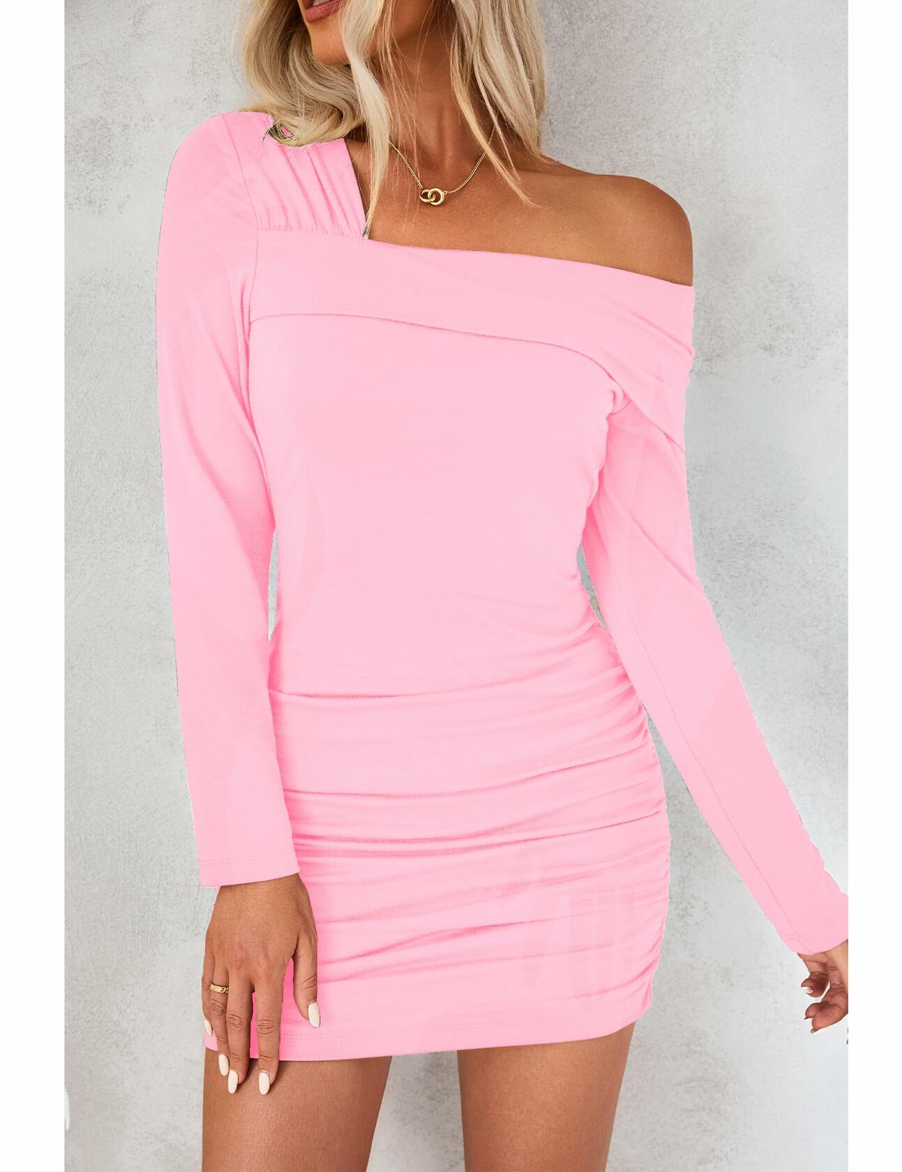 luvamia Womens One Shoulder Ruched Bodycon Dress Pink XL Size 16-18