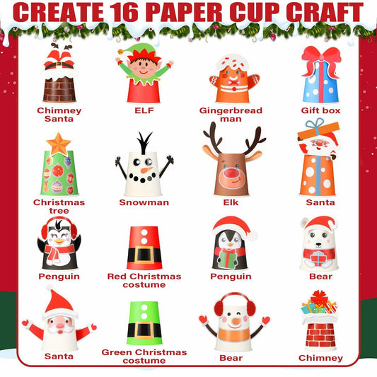 ZOIIWA Christmas Craft DIY Kit 16 Pack Paper Cups Xmas Holiday Supplies