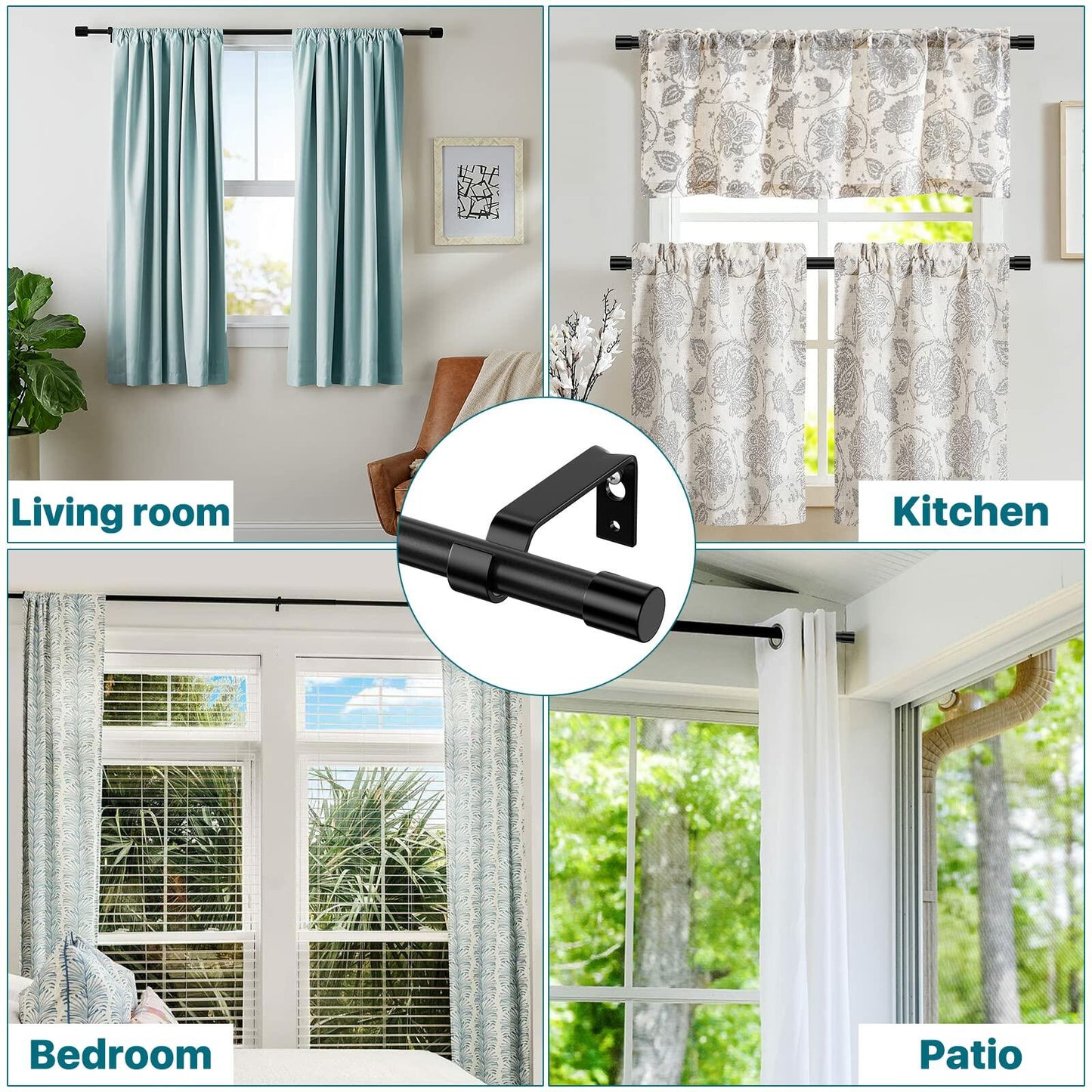 Curtain Rods 28-48in 5/8" Metal Adjustable 2 Pack Black with Brackets