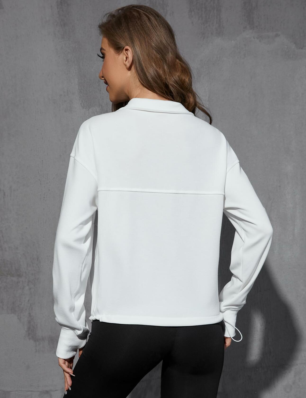 Womens Half Zip Pullover Sweatshirt White Fleece Crop Top with Pocket Size XL