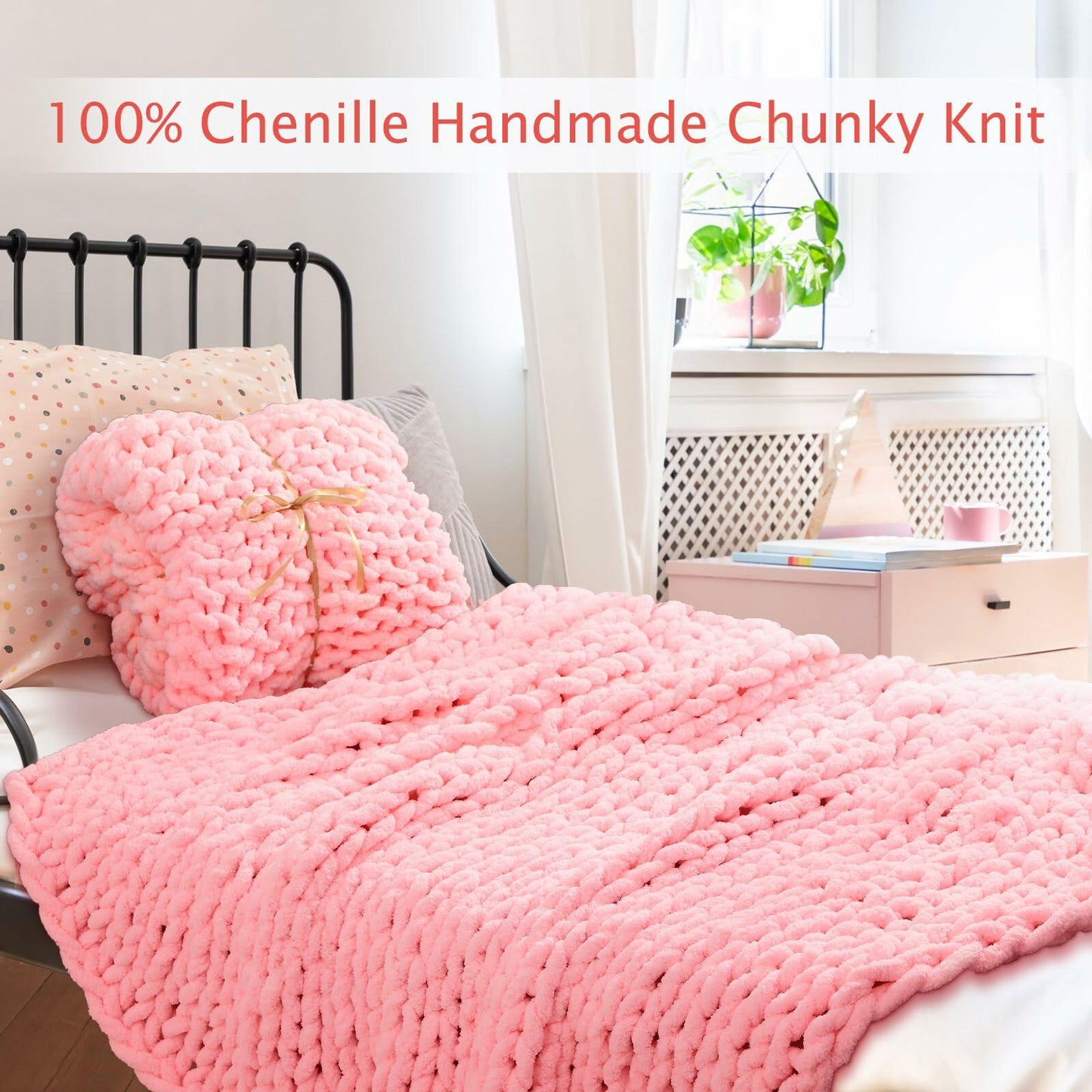 Hahafelt Chunky Knit Chenille Blanket 50x60 Pink 2 Pcs Throw Soft Washable