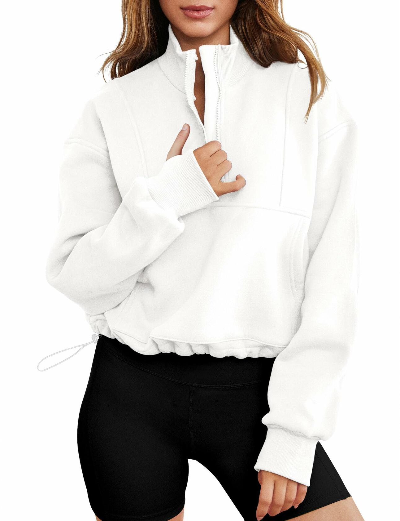 Womens Half Zip Pullover Sweatshirt White Fleece Crop Top with Pocket Size XL