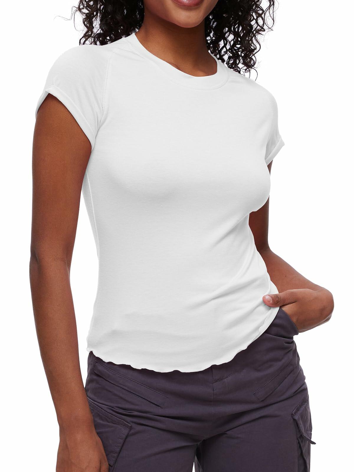 Women's Casual Crop Top T Shirt White Size L Summer Short Sleeve Crewneck